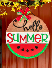 Load image into Gallery viewer, Hello Summer Wooden Painted Decorative Watermelon wall hanging sign
