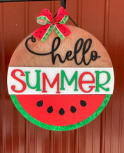 Load image into Gallery viewer, Hello Summer Wooden Painted Decorative Watermelon wall hanging sign
