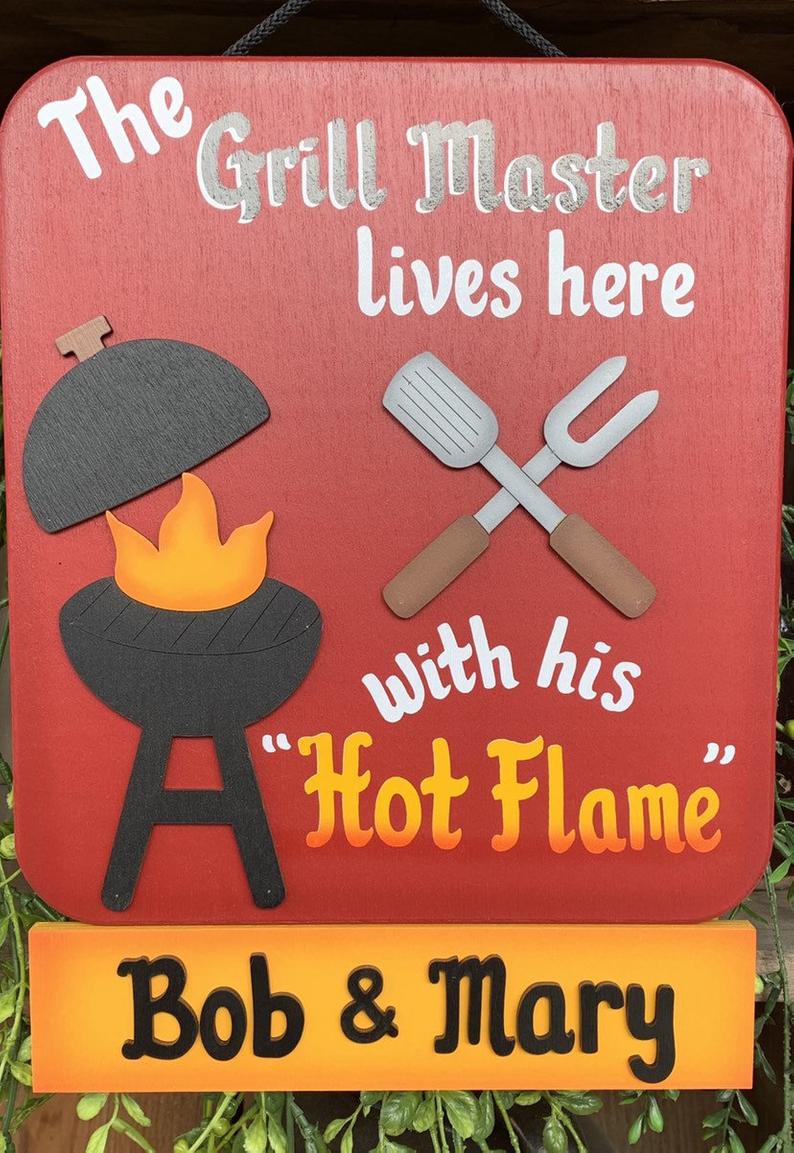 Grillmaster handmade wooden decorative sign Grillmaster lives here with his hot flame personalized wooden decorative backyard sign